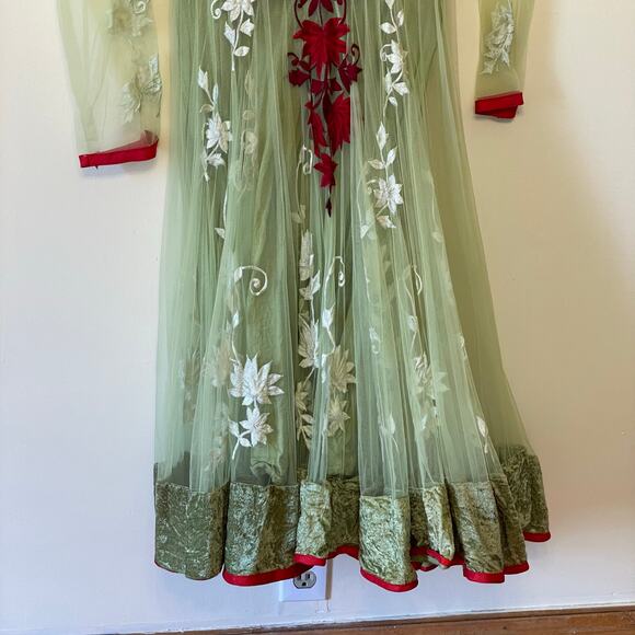 Churidar M long sleeve Indian maxi dress chiffon floral embroidered green sheer - Picture 3 of 6